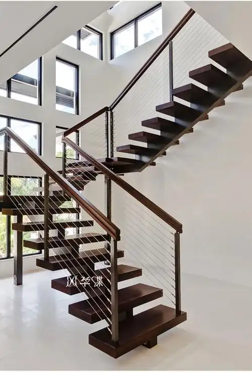 铁艺护栏直梁楼梯双梁室内家用简约整体钢木现代复式跃层阁楼客厅厚重