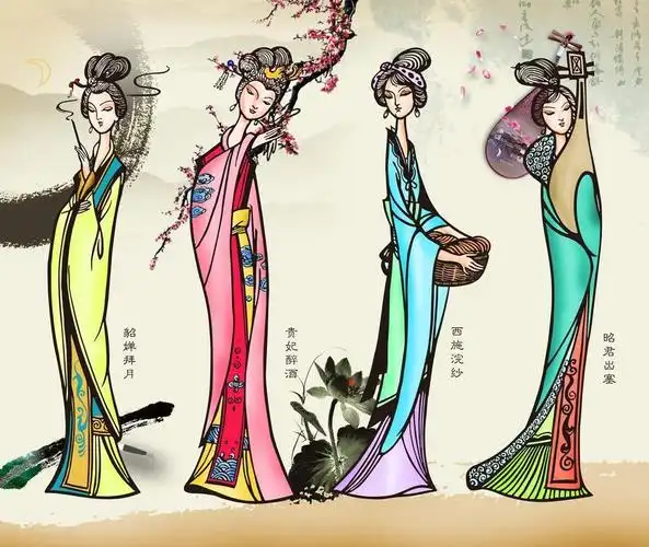 四大美女:西施,王昭君,杨玉环,貂婵(沉鱼落燕,闭月羞花)