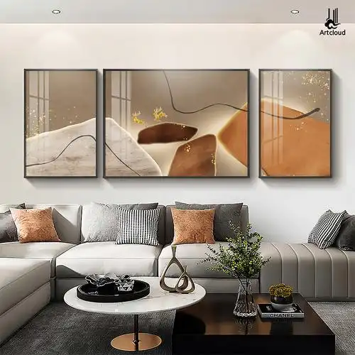 石来运转客厅装饰画轻奢现代大气抽象三联沙发背景墙挂画高端壁画