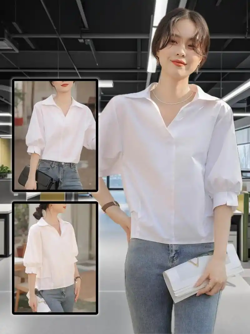 952024 夏季新款五分半袖白色衬衫女韩版宽松时尚设计感小 - 抖音