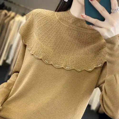 新款精纺羊毛女士针织衫跨境时尚半高领毛衣纯色打底衫24春季