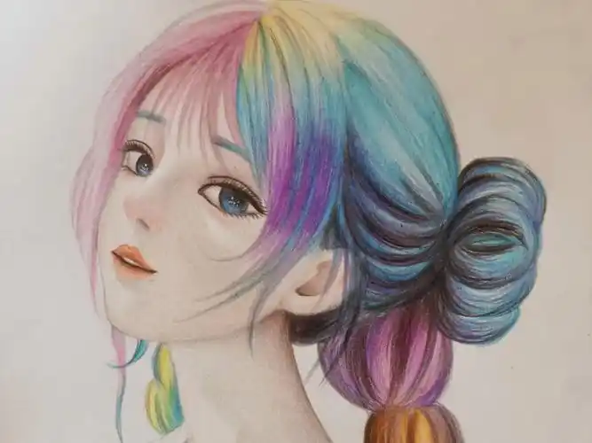 彩铅手绘 彩铅画 彩发少女 甜酷甜酷的女孩子