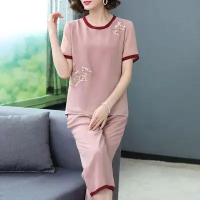 qkqi夏季妈妈装纯棉两件套中老年女装上衣中年人休闲裤套装男装_大淘