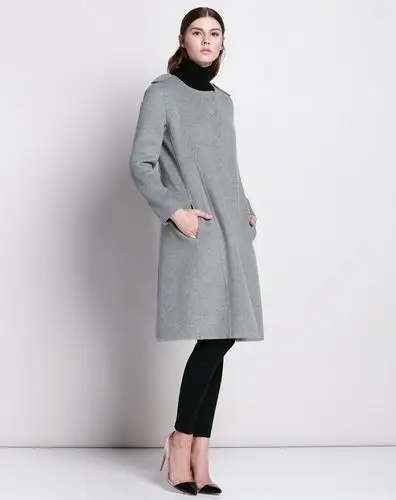 灰色暗门襟系腰带修身中长款双面呢大衣