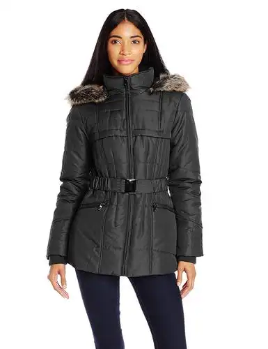 weather tamer 女士 belted short down coat with fur trim