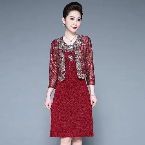 婚礼妈妈秋装套装气质两件套连衣裙丈母娘婚礼服高贵喜婆婆婚宴装