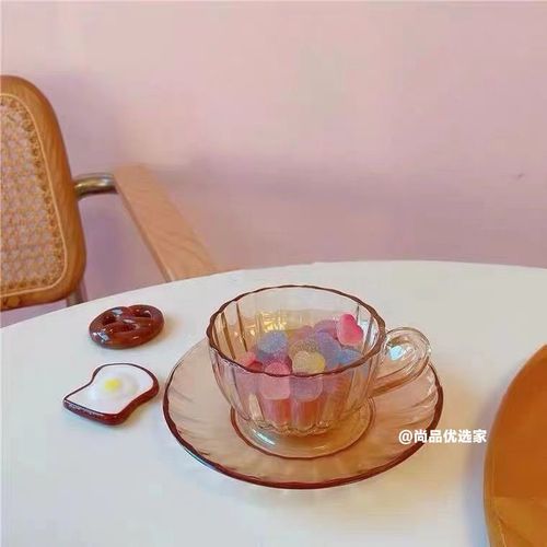 法式ins复古香槟色玻璃杯碟套装花茶杯咖啡杯拿铁杯水杯杯碟一套