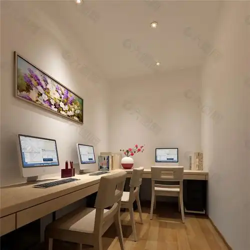 现代小户型办公室浅色桌子工装装修效果图