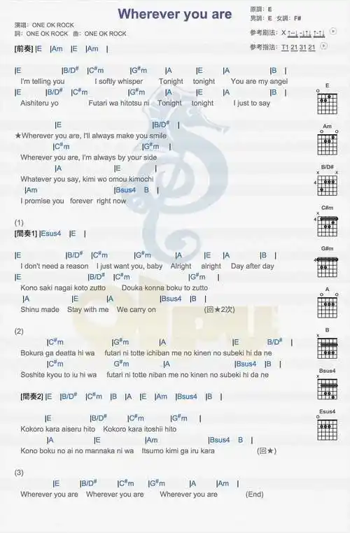 wherever you are吉他谱 e调和弦谱-简单版-one ok rock插图