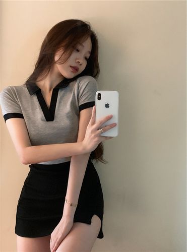 微胖女生穿搭夏季胖妹妹简约撞色polo领t恤 高腰半身短裙两件套潮