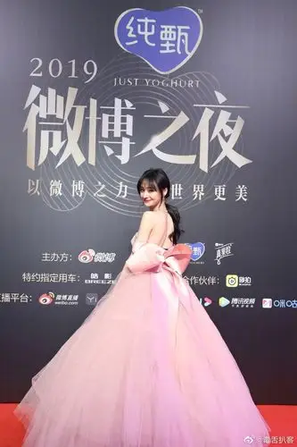郑爽一袭粉色露背纱裙亮相微博之夜红毯,低马尾温柔恬静