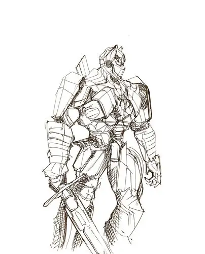 首先用中性笔将擎天柱的轮廓,主要结构线勾勒出