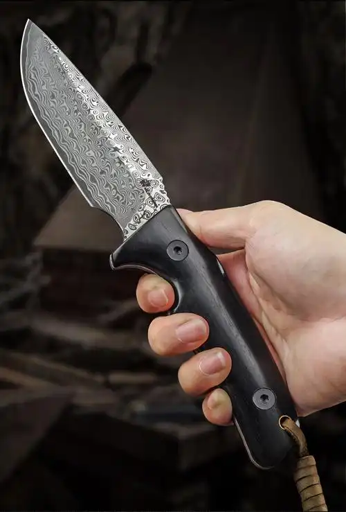 汉道大马士革户外刀具野外露营随身野营高硬度小刀洛克x黑檀木