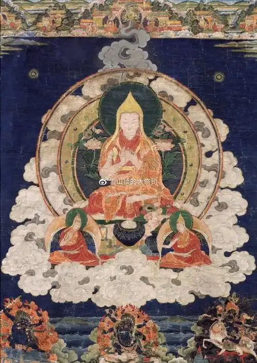 ▽(18世纪,师徒三尊图,制图@郑勇平/大祭司)黄教在宗喀巴圆寂之后由他