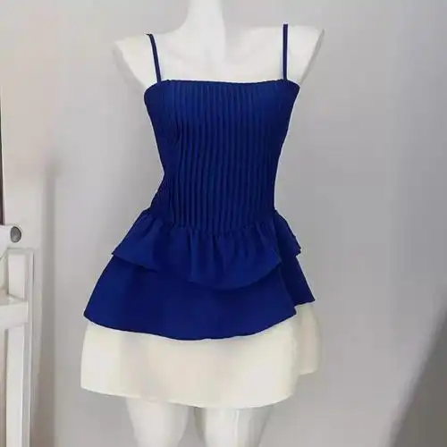 2024年夏季炽热银河 克莱因蓝拼接吊带连衣裙气质收腰短裙-阿里巴巴