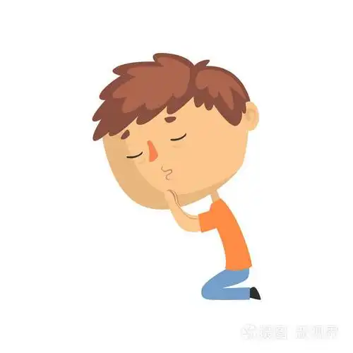 年轻人在他的膝盖祈祷闭上眼睛卡通矢量插图