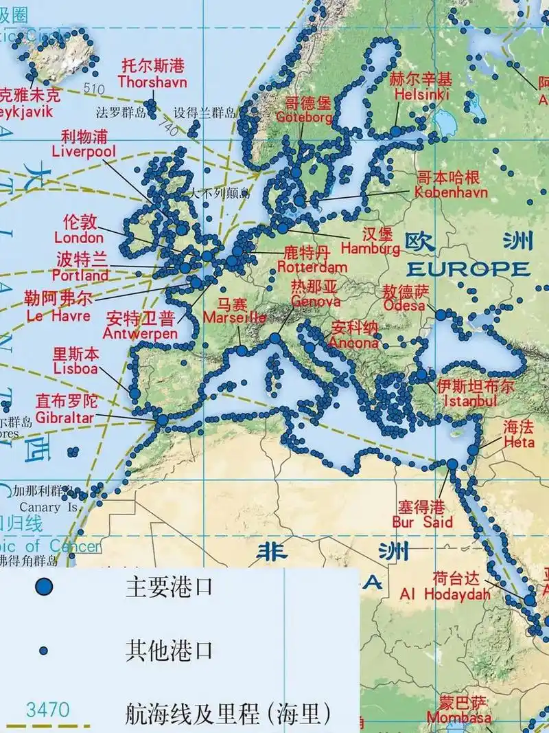 欧洲港口分布,地中海,波罗的海的港口一个挨一个,英国一圈都有港口,有