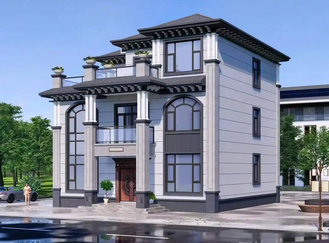 新中式风格别墅外墙丹霞石瓷砖纸皮砖效果图.