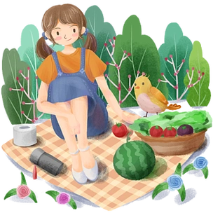 手绘可爱卡通女孩踏青郊游野餐健康生活