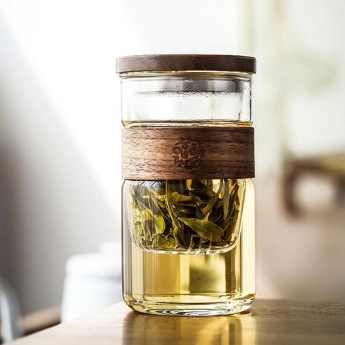 日式月牙绿茶杯水杯玻璃办公室过滤带盖茶杯家用茶水分离杯子锤纹
