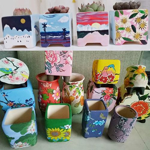 素烧盆 涂鸦学生创意绘画陶瓷diy多肉花盆绿植组合套装透气盆包邮