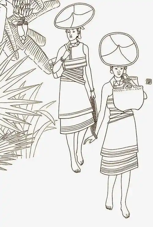 姑娘,少女,青年,少数民族,白描, 国画, 中国画, 傣族