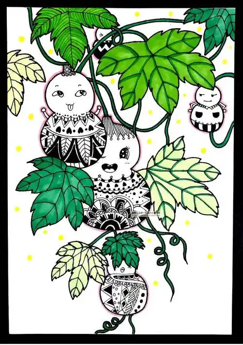 儿童画教程|这样画线描太有取趣--小小葫芦藤上挂