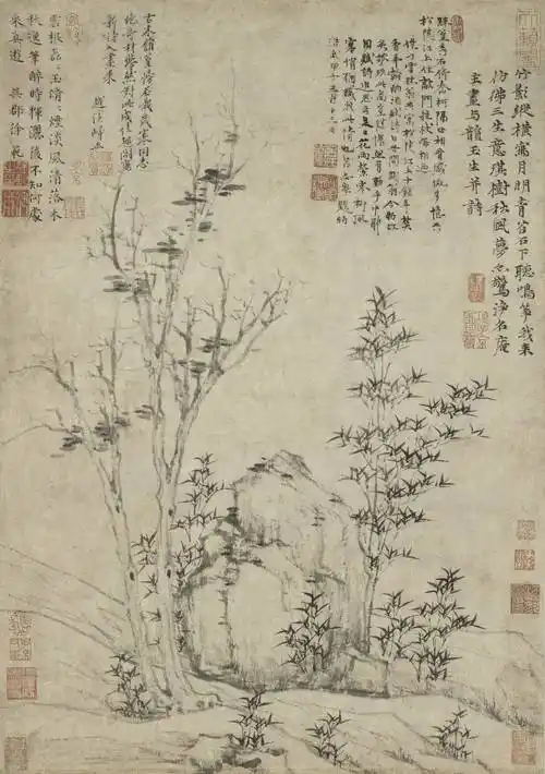 倪瓒擅长山水,墨竹,师法董源,荆浩,关仝,李成,并受到赵孟頫的影响.