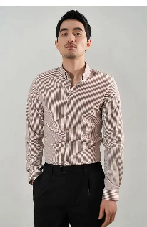 2021早春新款细条纹衬衫男长袖修身帅气职业西服内搭衬衣商务休闲