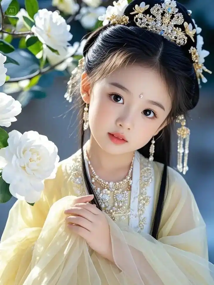 古风,一位古装5岁小女孩,倾国倾城,身着鹅黄色的华丽仙气宫装