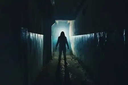 骨悚然和诡异的走廊里, 手里拿着刀的男人疯子或杀手或恐怖凶手的剪影