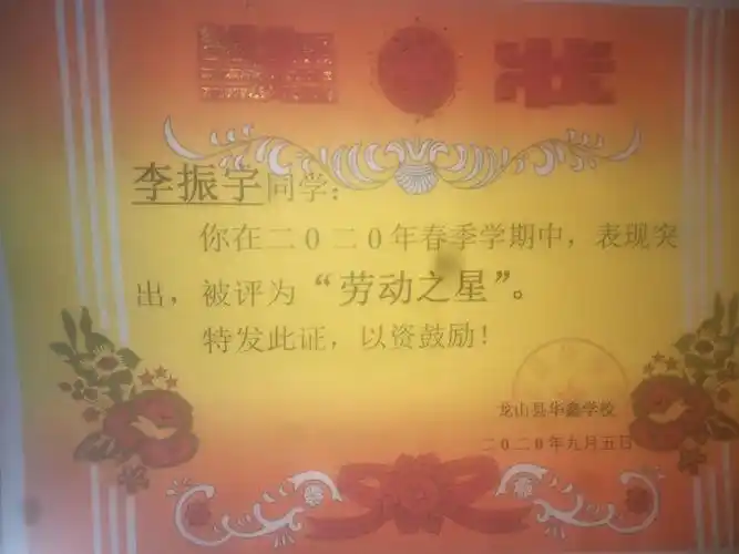 照片集锦描述与说明在2020年9月5号获得"劳动之星"奖状单位龙山华鑫