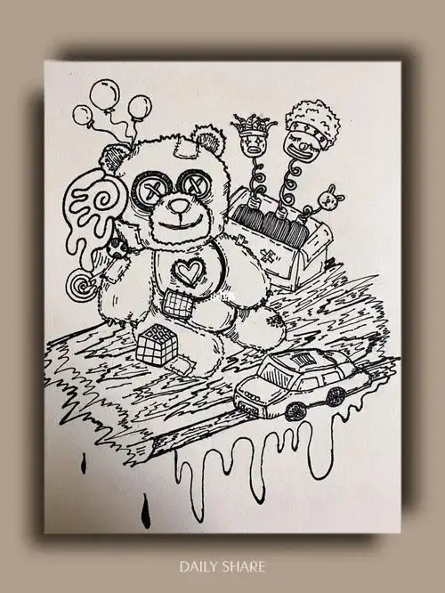 黑白线描画泰迪熊02