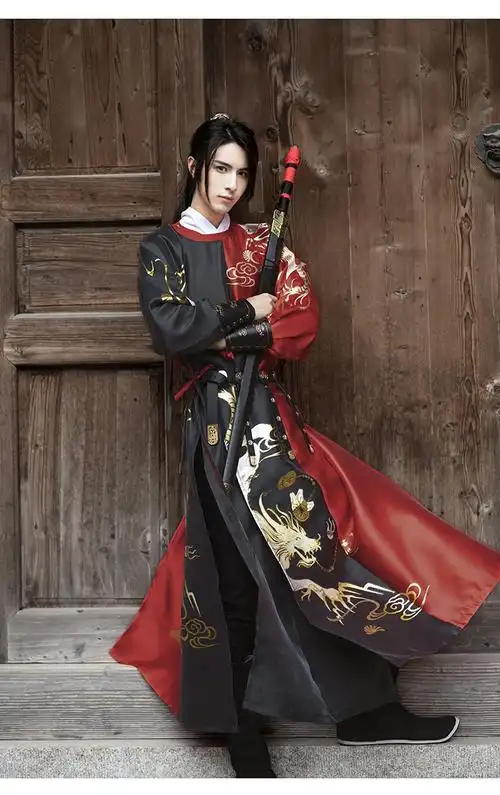 貔貅如梦霓裳原创汉服男款间色织金圆领袍貔貅花纹中长款春季款红黑