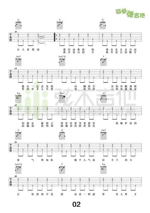 《天后》吉他谱 陈势安 c调高清弹唱谱(弦木吉他)