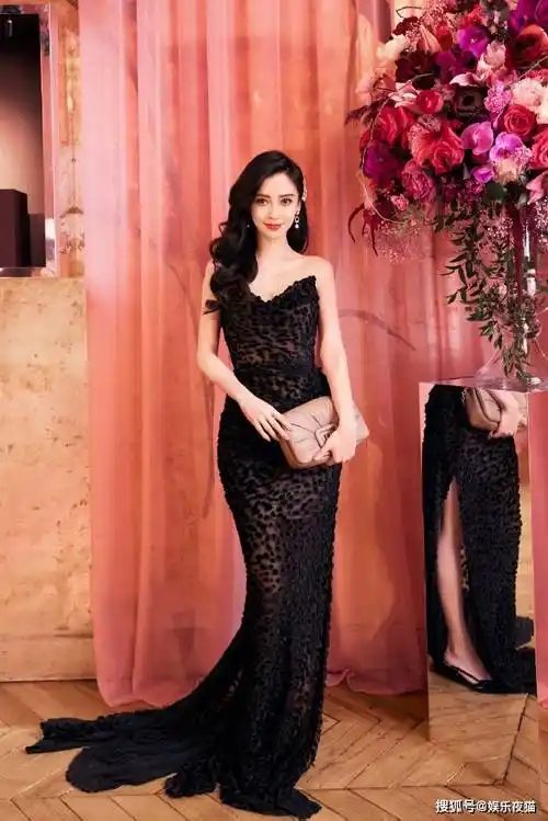 angelababy一袭黑色蕾丝v领抹胸裙写真优雅妩媚