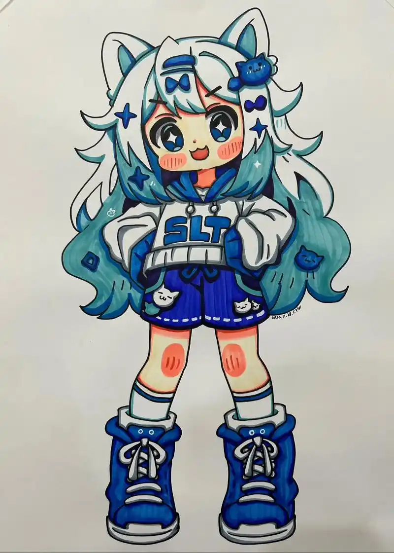 蓝色系猫猫女孩.#q版人物 #马克笔手绘 #一起学画画 #漫 - 抖音