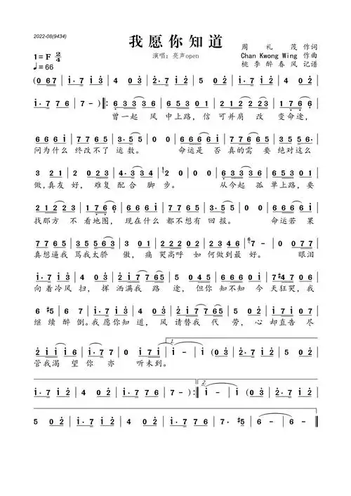 我愿你知道简谱 - 民族歌曲简谱