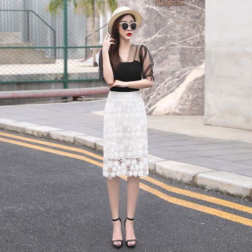 勾花镂空蕾丝半身裙中长款优雅短裙子高腰纯色包臀裙a型一步裙子