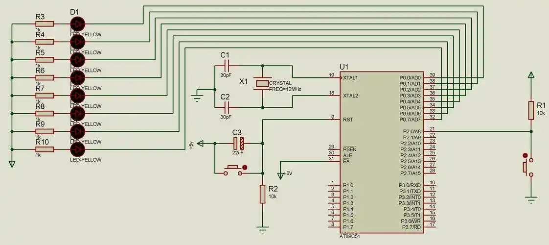 关于单片机的问题,很急,绘制单片机8bit led流水灯电路