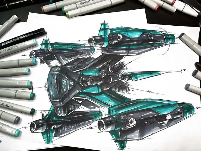 复杂飞行器马克笔上色示范过程