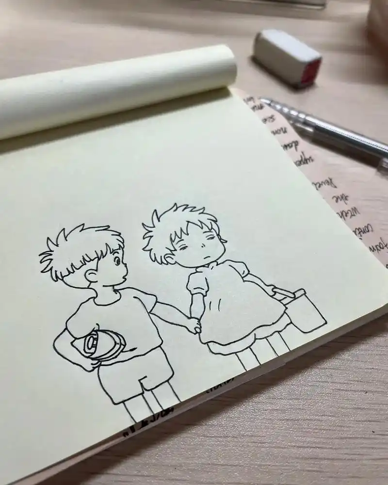 宫崎骏动漫系列1.不可以放开我的手哦～ 波妞和宗介简笔画 # - 抖音