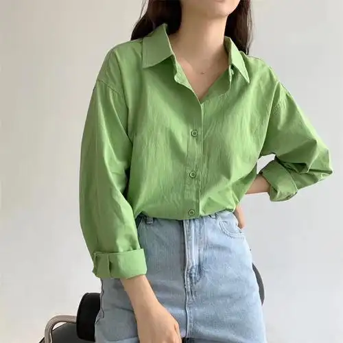 实拍慵懒风衬衫女长袖早秋韩版新款中长款宽松纯色复古衬衣