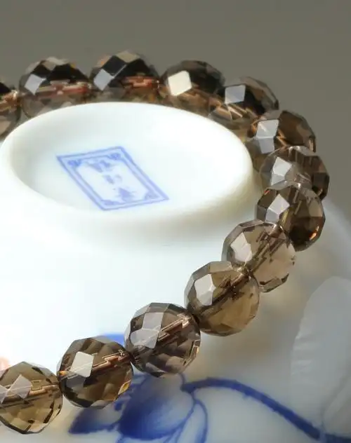 中性天然烟水晶刻面手串 附证书