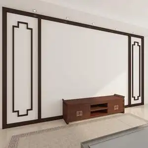 新中式电视背景墙实木线条吊顶装饰镂空东阳木雕花格仿古木框定制