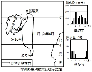 读非洲野生动物大迁徙示意图,完成下面小题.【参考答案】