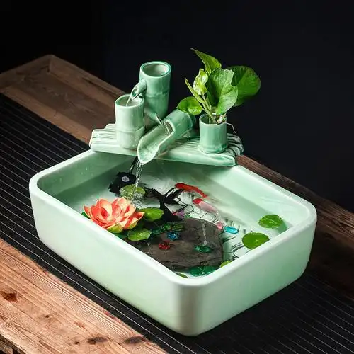 瓷缸摆件陶瓷鱼缸养鱼盆客厅桌面流水鱼缸家用小金鱼缸创意长方形鱼缸