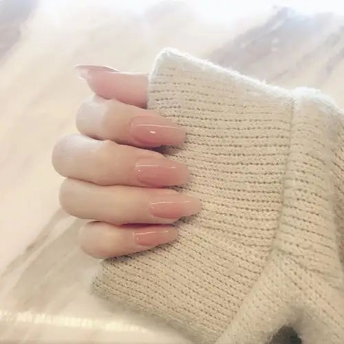 新款纯色欧美甲半透明裸粉长款假指甲贴片纯手工光疗美甲成品