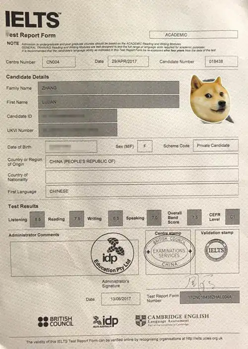 雅思考试成绩:总分7.5分(听力8.5分 阅读7.5分 口语7分 写作6.