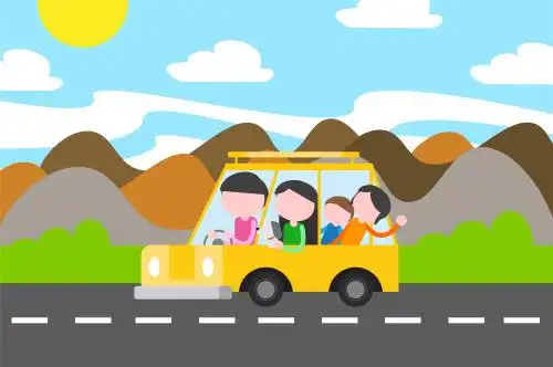 全家多人狗狗开车自驾旅游度假矢量图